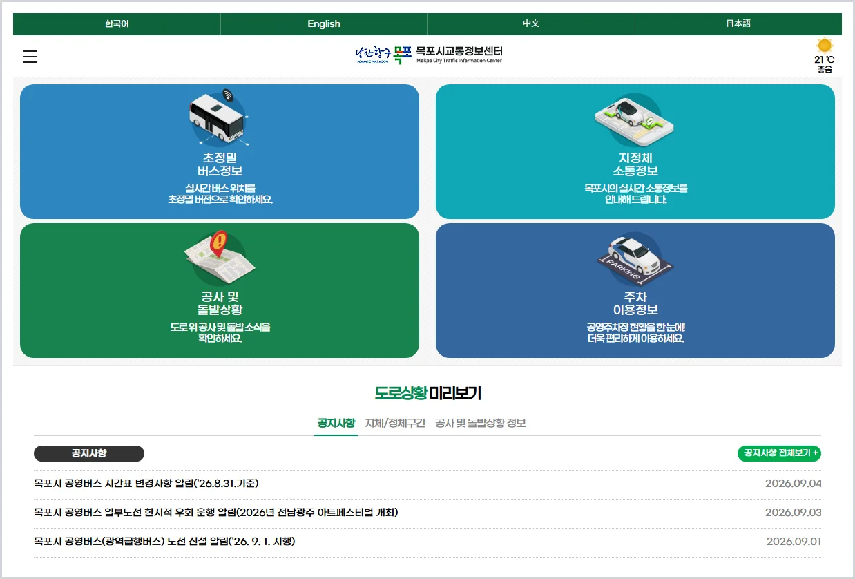 목포 교통정보센터 CCTV 홈페이지 (https://its.mokpo.go.kr/)